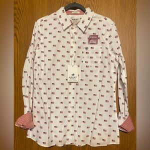 Ariat Women’s Kirby White Shirt with American Flag Pattern & Checked Cuffs